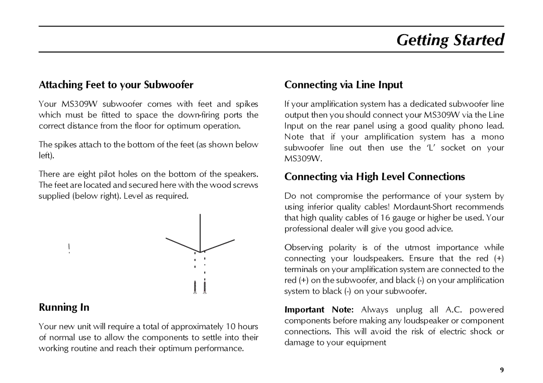 Mordaunt-Short MS309W owner manual Getting Started, Attaching Feet to your Subwoofer, Running, Connecting via Line Input 