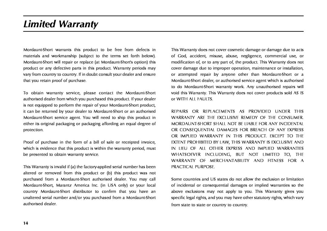 Mordaunt-Short MS309W owner manual Limited Warranty 