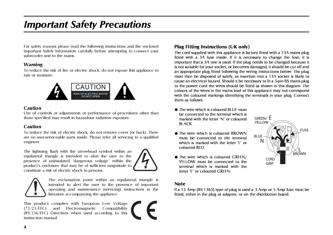 Mordaunt-Short MS309W owner manual Important Safety Precautions, Plug Fitting Instructions UK only 