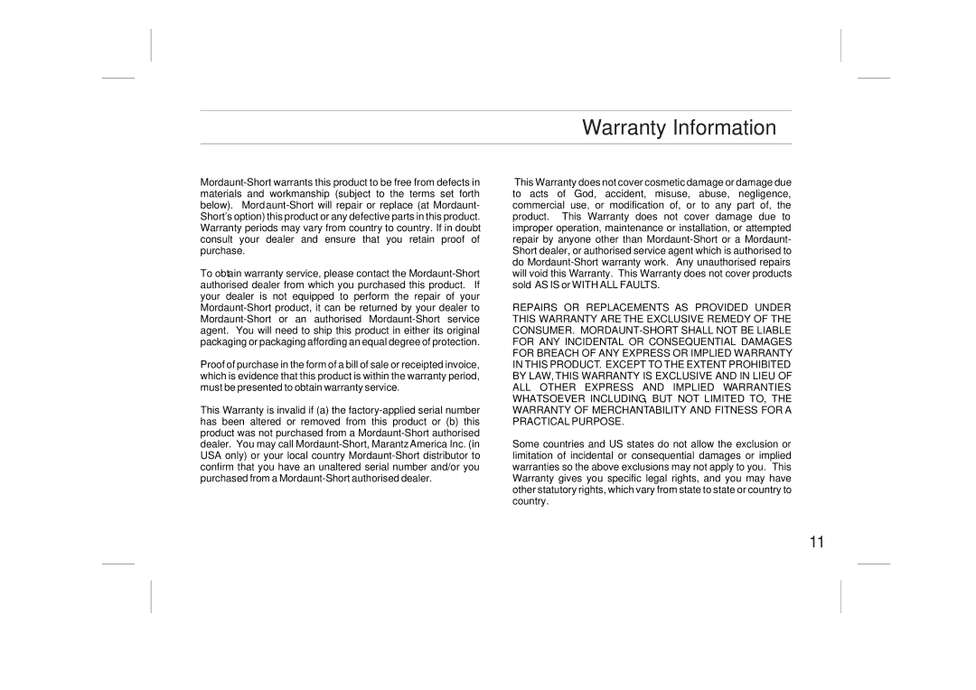 Mordaunt-Short MS907W owner manual Warranty Information 