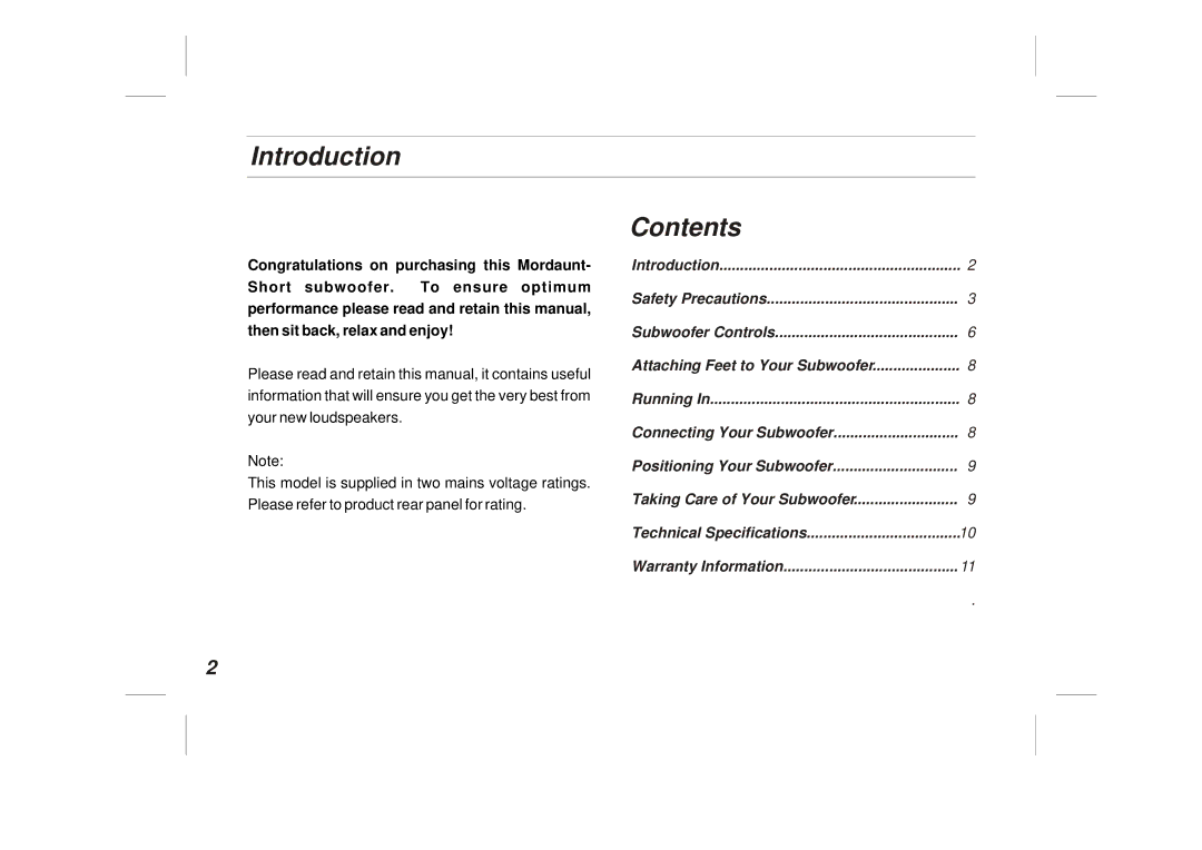 Mordaunt-Short MS907W owner manual Introduction Contents 