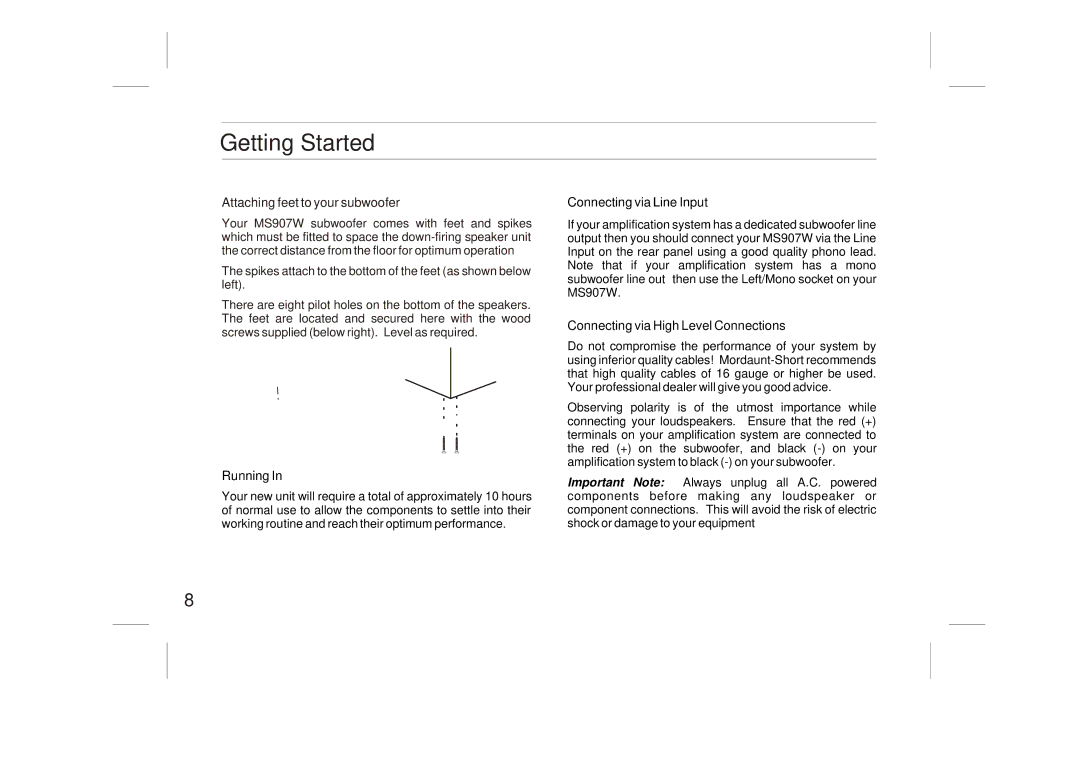 Mordaunt-Short MS907W Getting Started, Connecting via Line Input, Connecting via High Level Connections, Running 