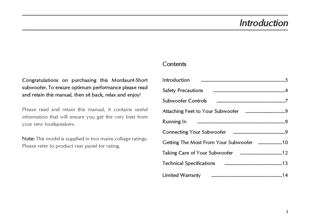 Mordaunt-Short MS909W manual Introduction, Contents 