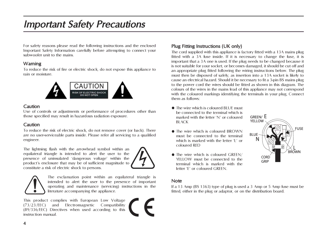 Mordaunt-Short MS909W manual Important Safety Precautions, Plug Fitting Instructions UK only 