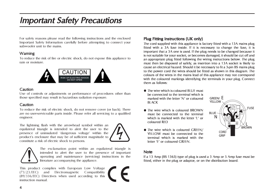 Mordaunt-Short MS909W manual Important Safety Precautions, Plug Fitting Instructions UK only 