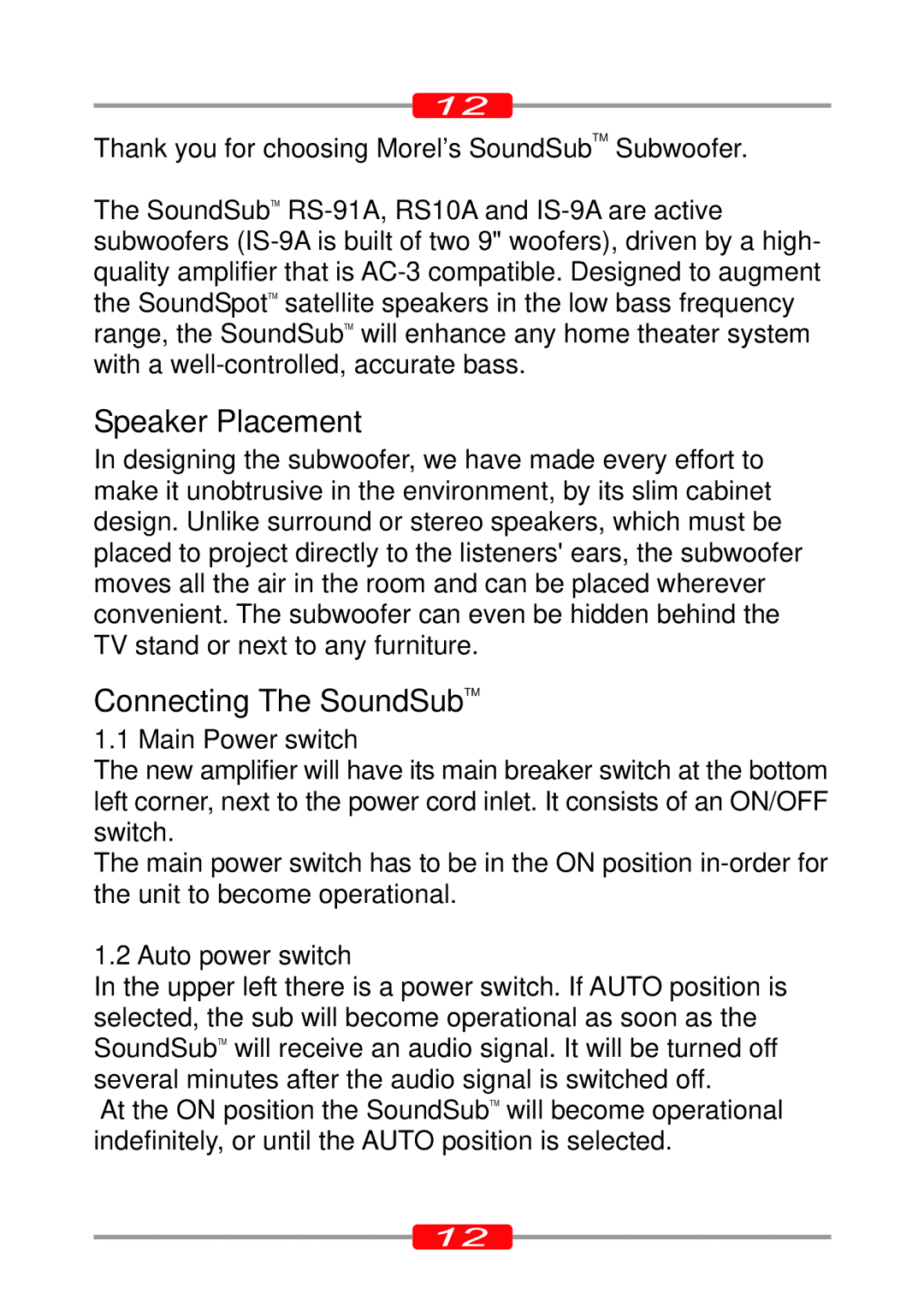 Morel ST-90, ST-95 Connecting The SoundSubTM, Thank you for choosing Morels SoundSubTM Subwoofer, Main Power switch 