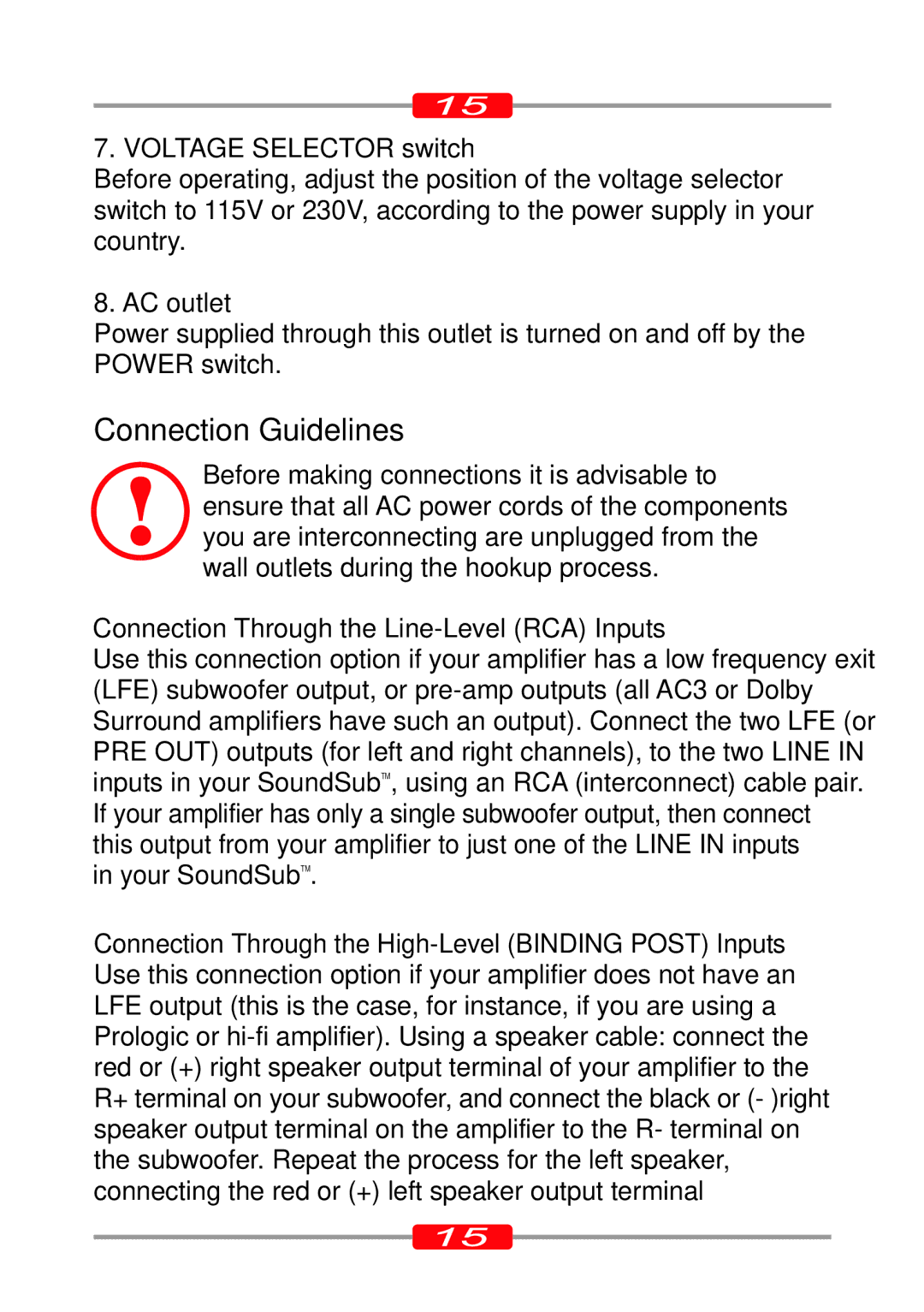 Morel ST-95, ST-90 owner manual Connection Guidelines, Voltage Selector switch, AC outlet 