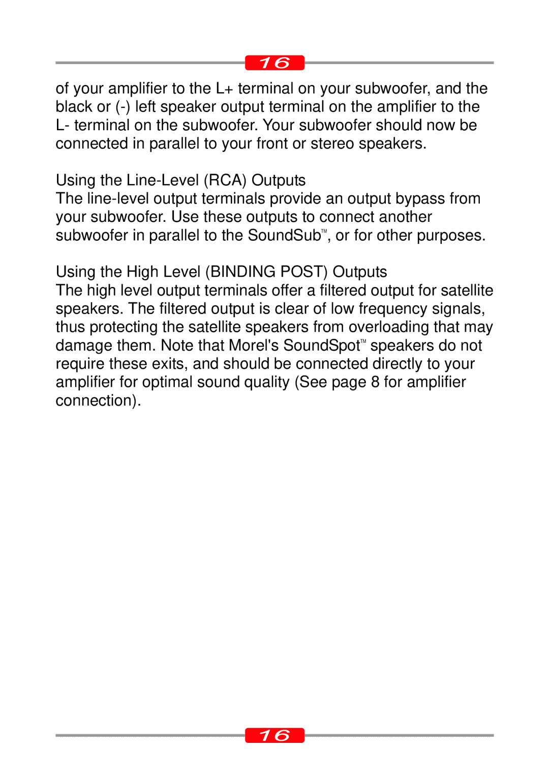 Morel ST-90, ST-95 owner manual Using the Line-Level RCA Outputs, Using the High Level Binding Post Outputs 