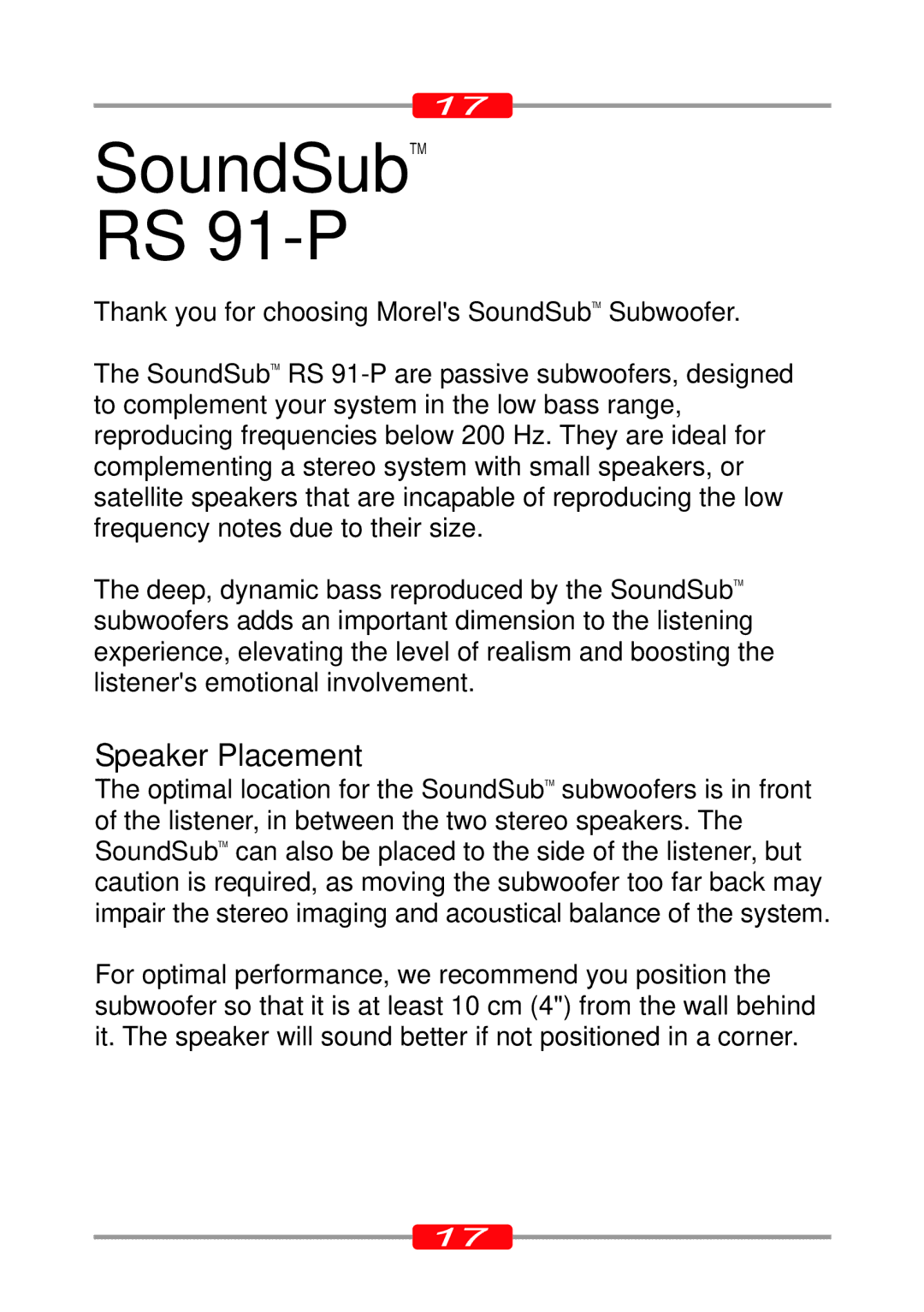 Morel ST-95, ST-90 owner manual SoundSubTM RS 91-P, Speaker Placement 