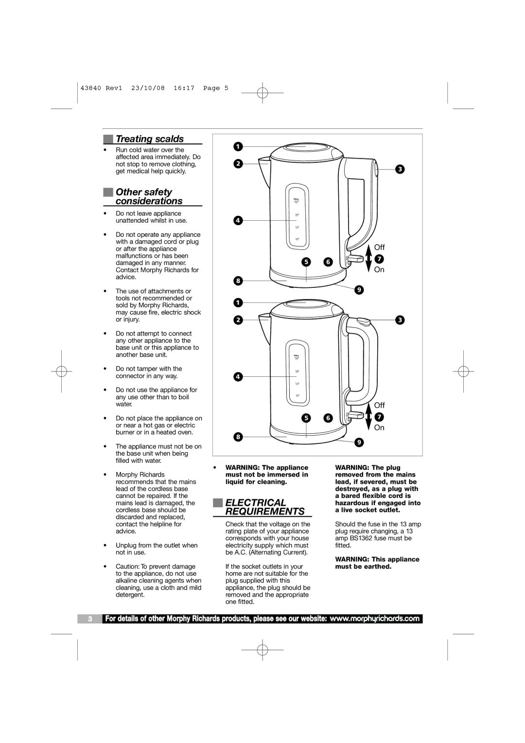 Morphy Richards 0844 873 0720 warranty Treating scalds, Other safety considerations, Electrical Requirements 