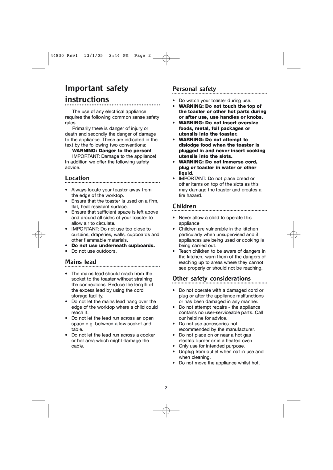 Morphy Richards 2 & 4 slice chroma toasters manual Important safety instructions 