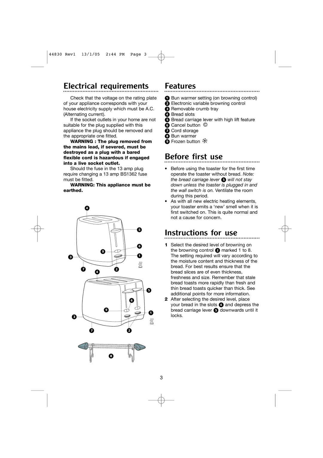 Morphy Richards 2 & 4 slice chroma toasters manual Electrical requirements, Features, Before first use 