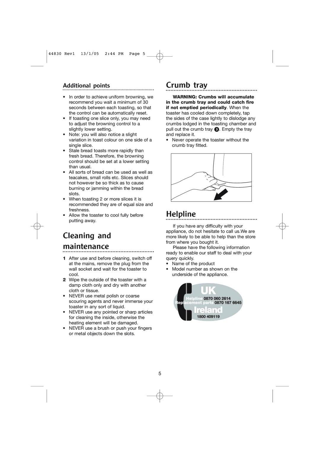 Morphy Richards 2 & 4 slice chroma toasters manual Cleaning and maintenance, Crumb tray, Helpline, Additional points 