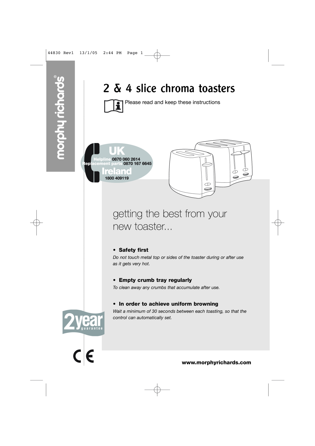 Morphy Richards 2 & 4 slice chroma toasters manual getting the best from your new toaster, Safety first 