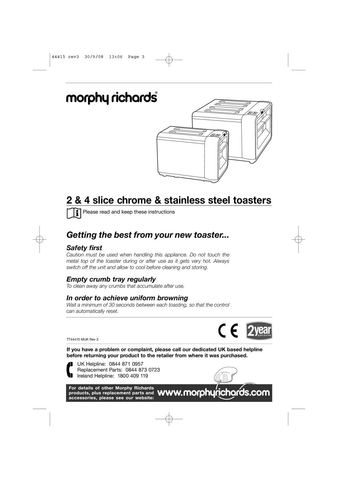 Morphy Richards 2 & 4 Slice Chrome & Stainless Steel Toaster manual 2 & 4 slice chrome & stainless steel toasters 