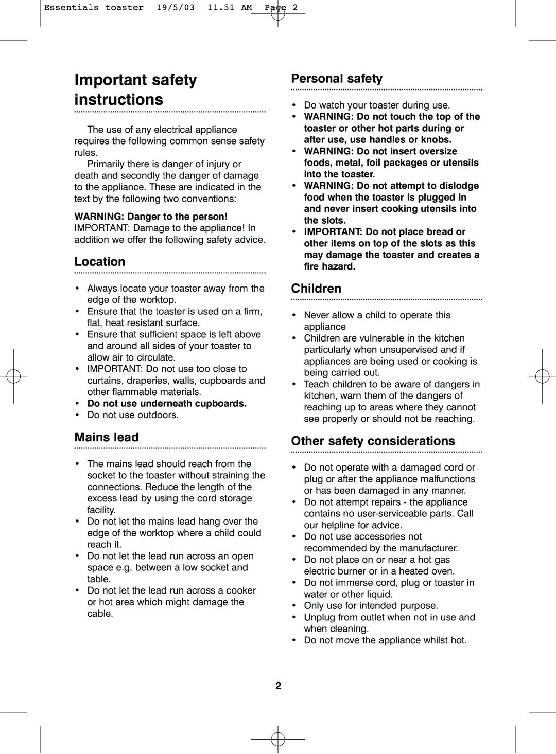 Morphy Richards 2 & 4 slice essentials toaster manual Important safety instructions, Location 