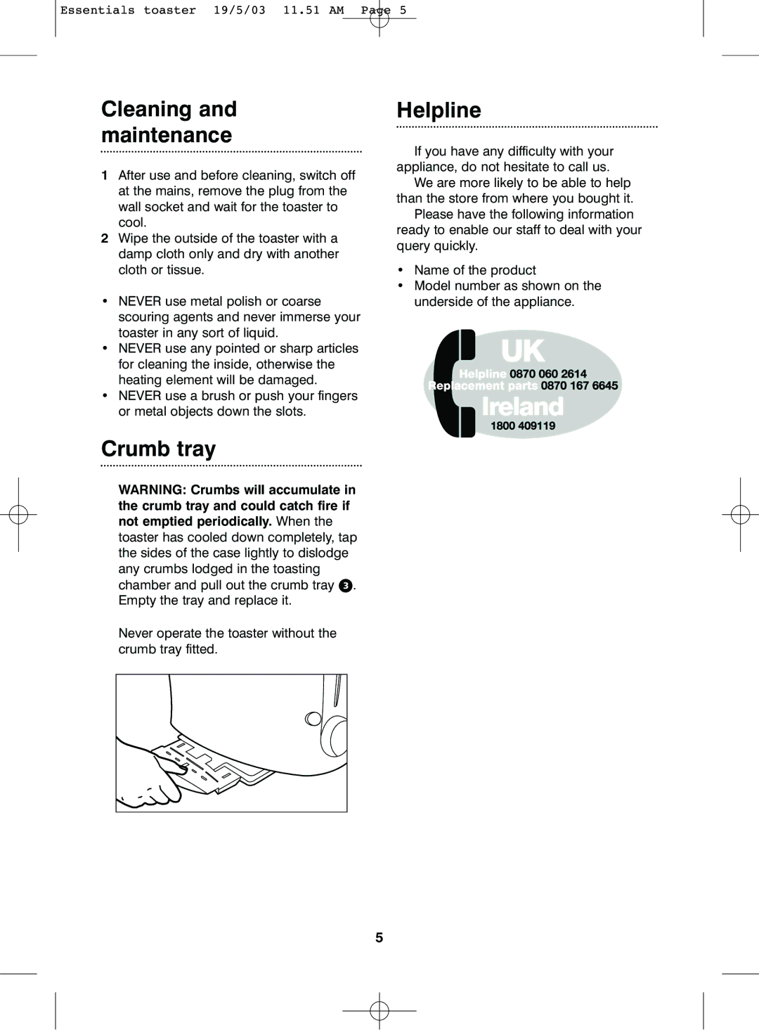 Morphy Richards 2 & 4 slice essentials toaster manual Cleaning and maintenance, Crumb tray, Helpline 