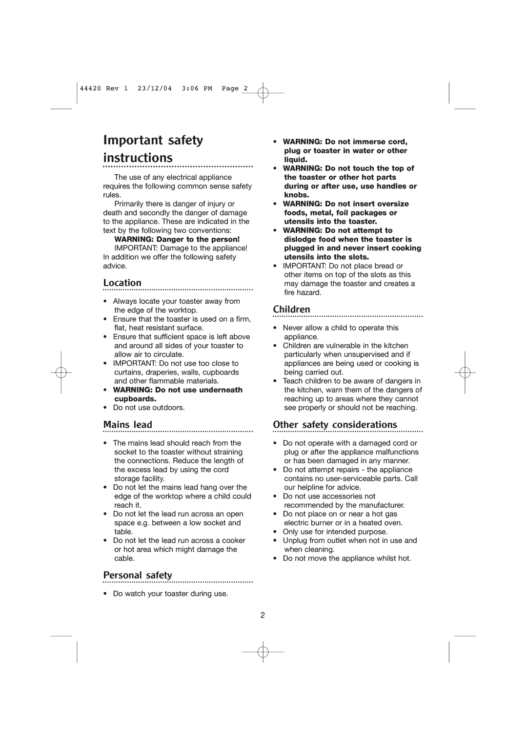 Morphy Richards 2 slice manhattan toaster manual Important safety instructions 