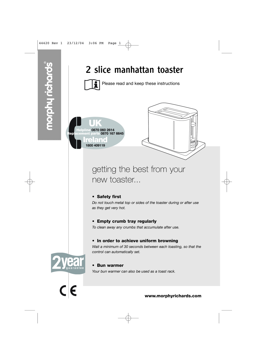 Morphy Richards 2 slice manhattan toaster manual getting the best from your new toaster, Safety first, Bun warmer 
