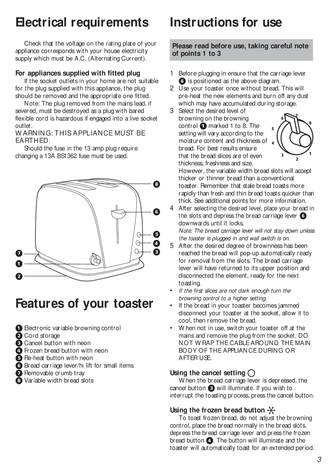 Morphy Richards 2 slice polished chrome toaster manual For appliances supplied with fitted plug, Using the cancel setting O 