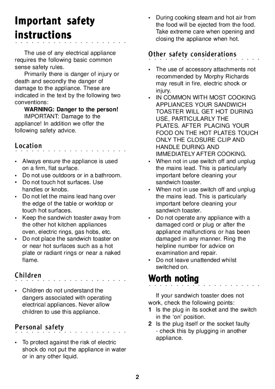 Morphy Richards 2 slice sandwich toaster manual Important safety instructions, Worth noting 