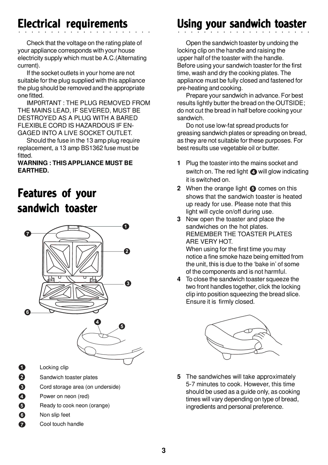 Morphy Richards 2 slice sandwich toaster manual Electrical requirements, Remember the Toaster Plates are Very HOT 