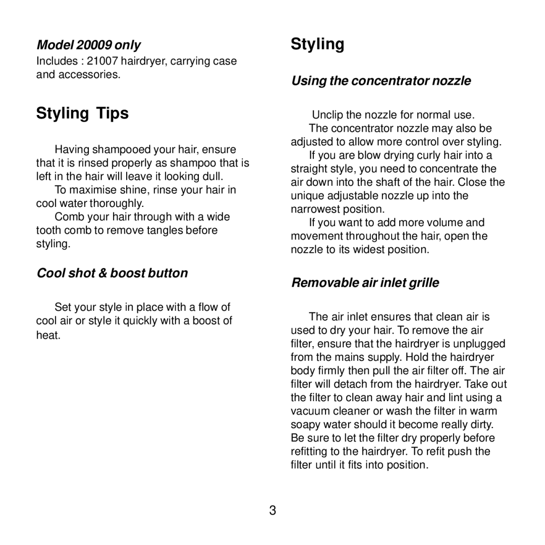 Morphy Richards 20009, 21007 manual Styling Tips 