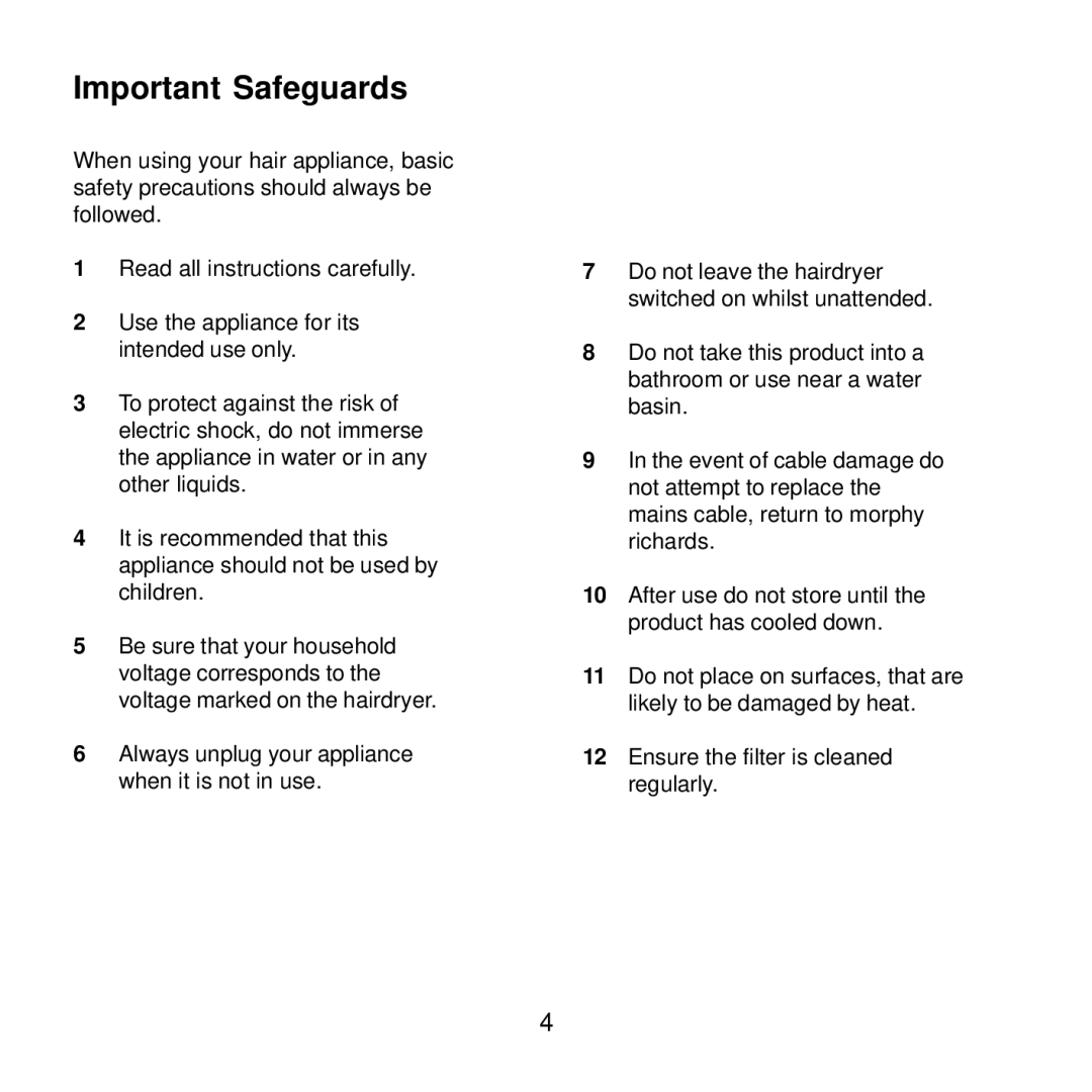 Morphy Richards 21007, 20009 manual Important Safeguards 