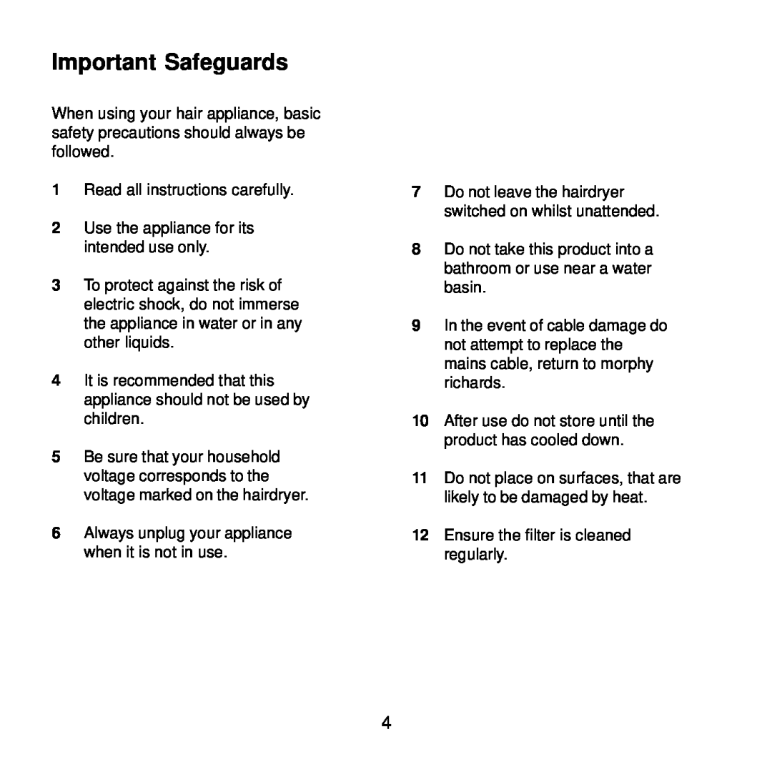 Morphy Richards 21007, 20009 manual Important Safeguards 