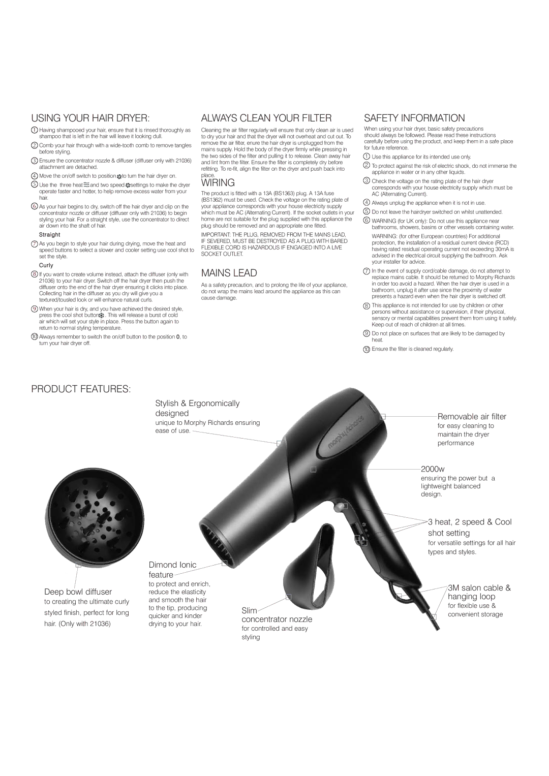 Morphy Richards 21035 manual Using Your Hair Dryer, Always Clean Your Filter, Wiring, Mains Lead, Safety Information 