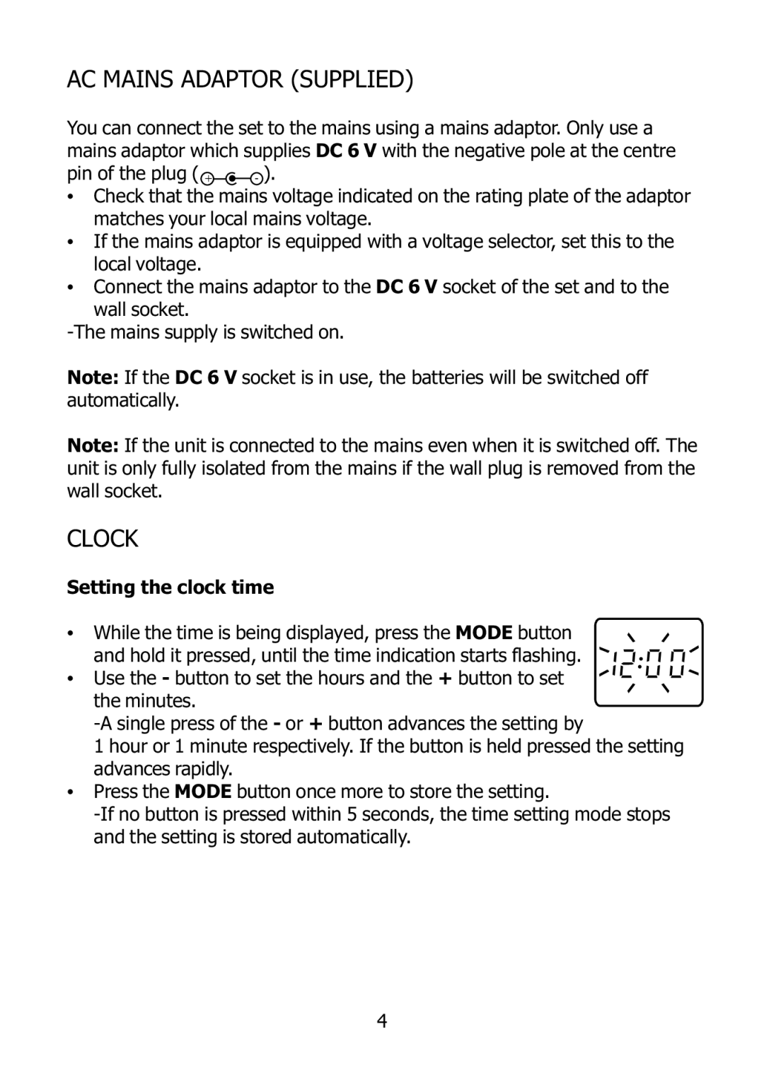 Morphy Richards 27004 operating instructions AC Mains Adaptor Supplied, Clock 