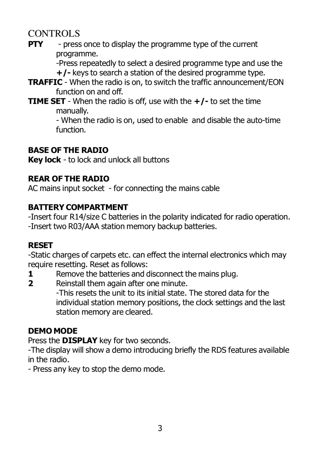 Morphy Richards 27005 operating instructions Base of the Radio, Rear of the Radio, Battery Compartment, Reset, Demo Mode 