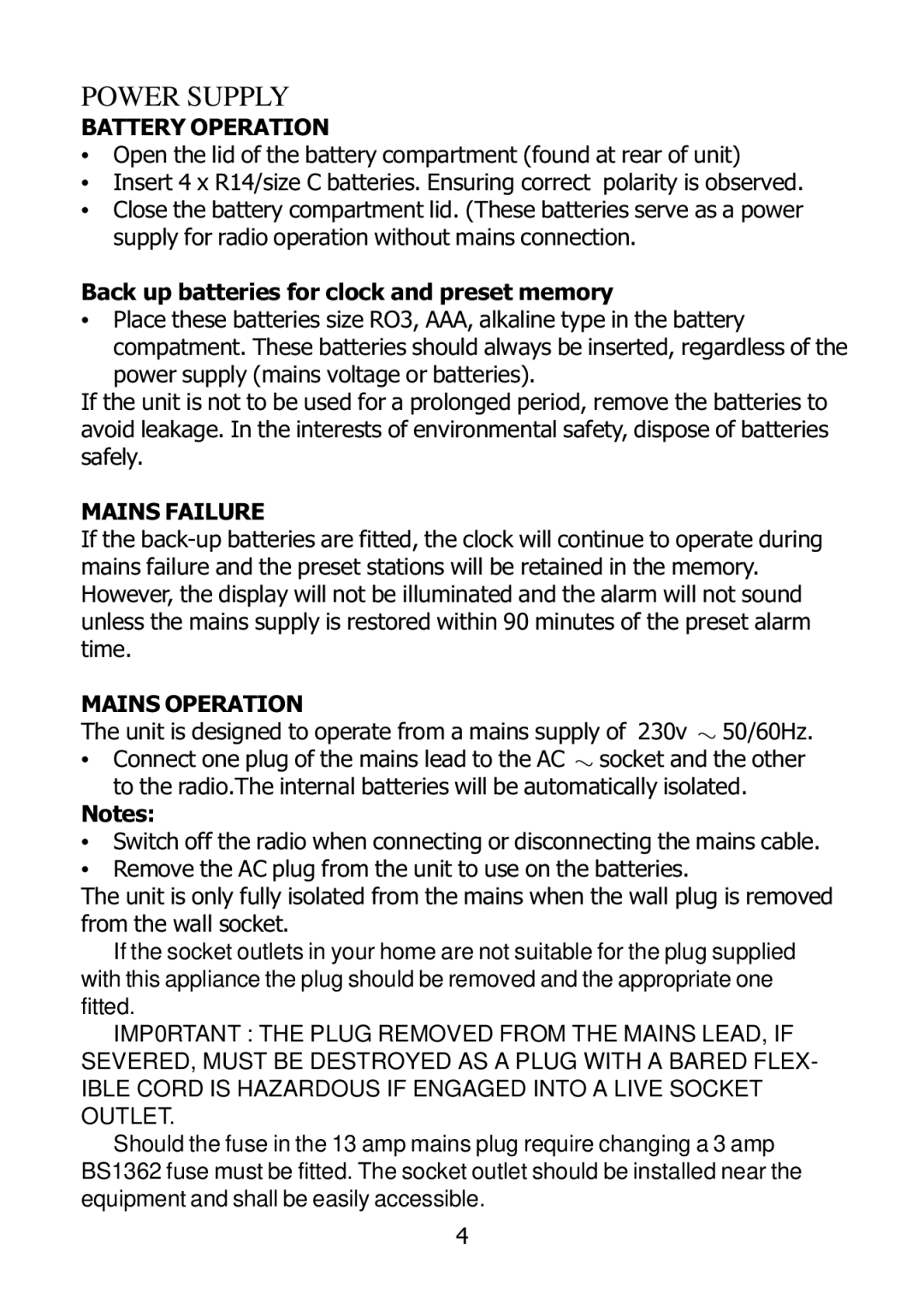 Morphy Richards 27005 operating instructions Battery Operation, Mains Failure, Mains Operation 