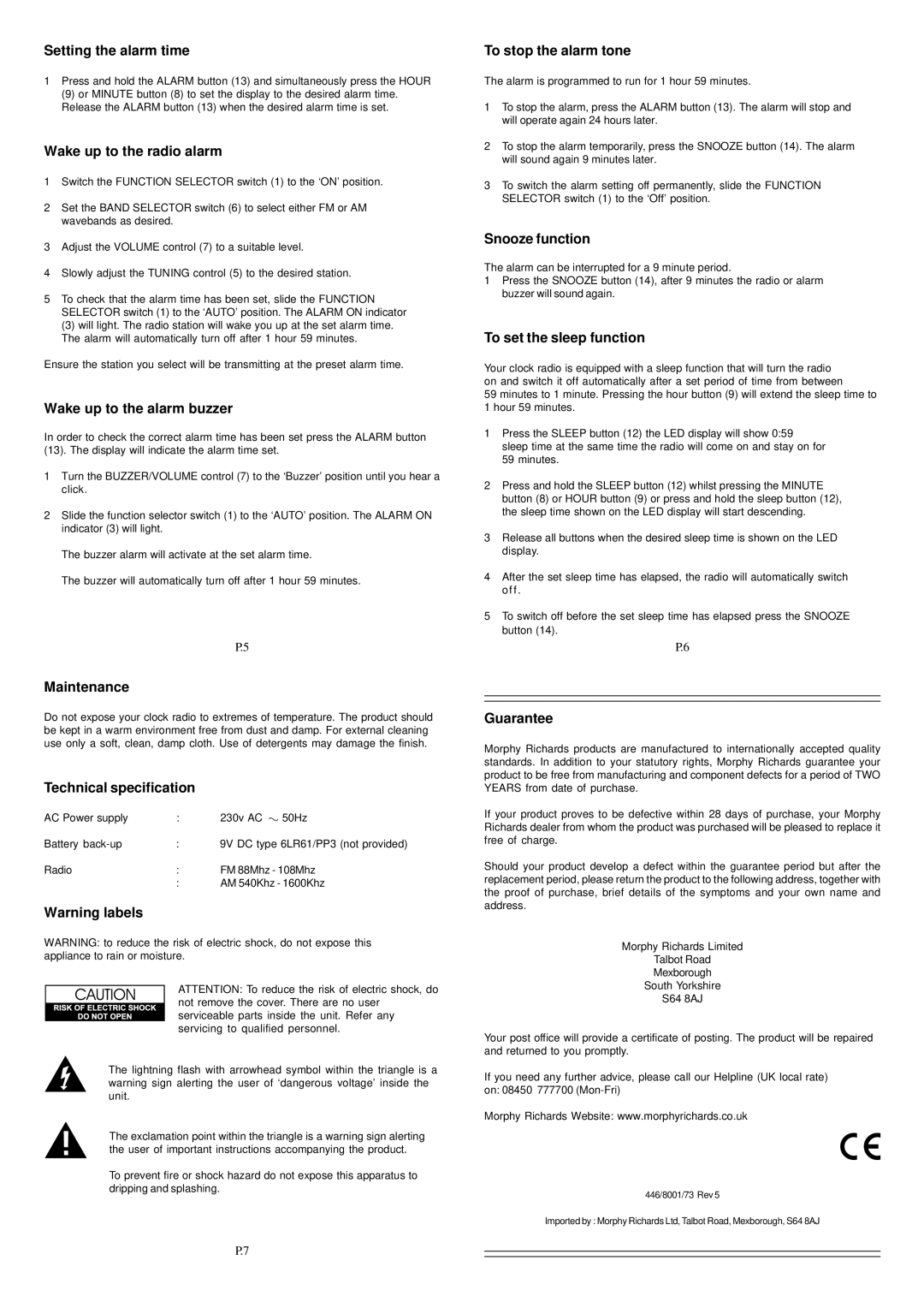 Morphy Richards 28009 Setting the alarm time, Wake up to the radio alarm, Wake up to the alarm buzzer, Snooze function 