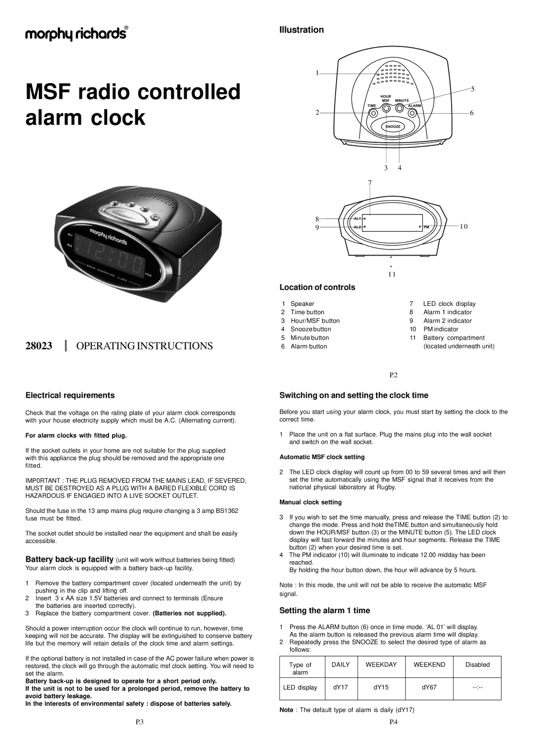 Morphy Richards 28023 operating instructions Electrical requirements, Location of controls, Setting the alarm 1 time 