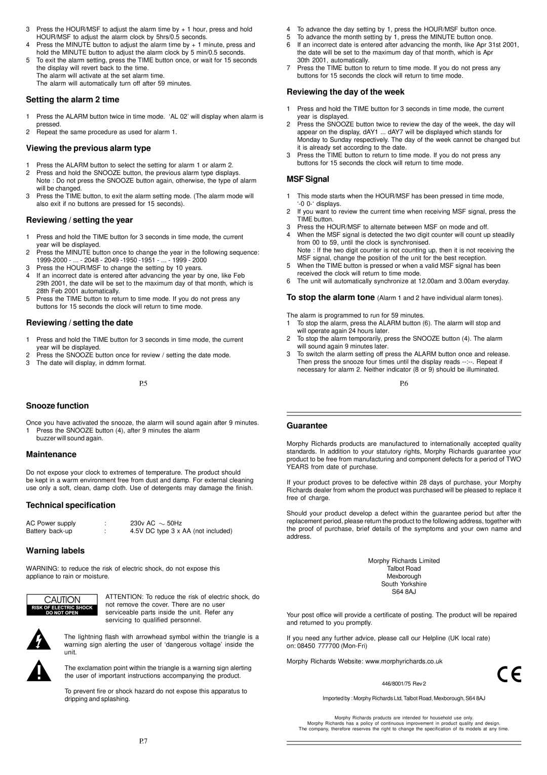 Morphy Richards 28023 Setting the alarm 2 time, Viewing the previous alarm type, Reviewing / setting the year, MSF Signal 