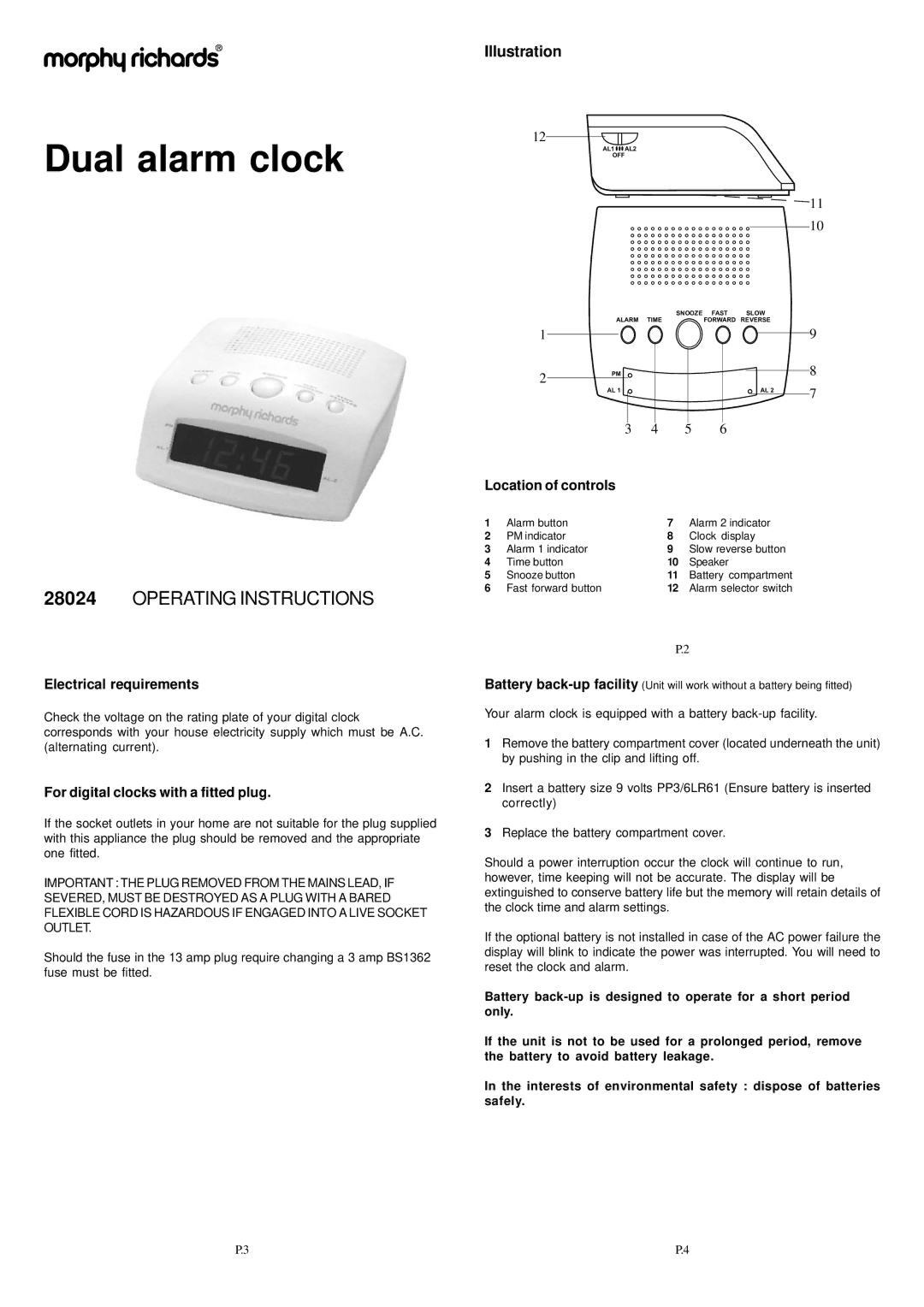 Morphy Richards 28024 operating instructions Electrical requirements, For digital clocks with a fitted plug 