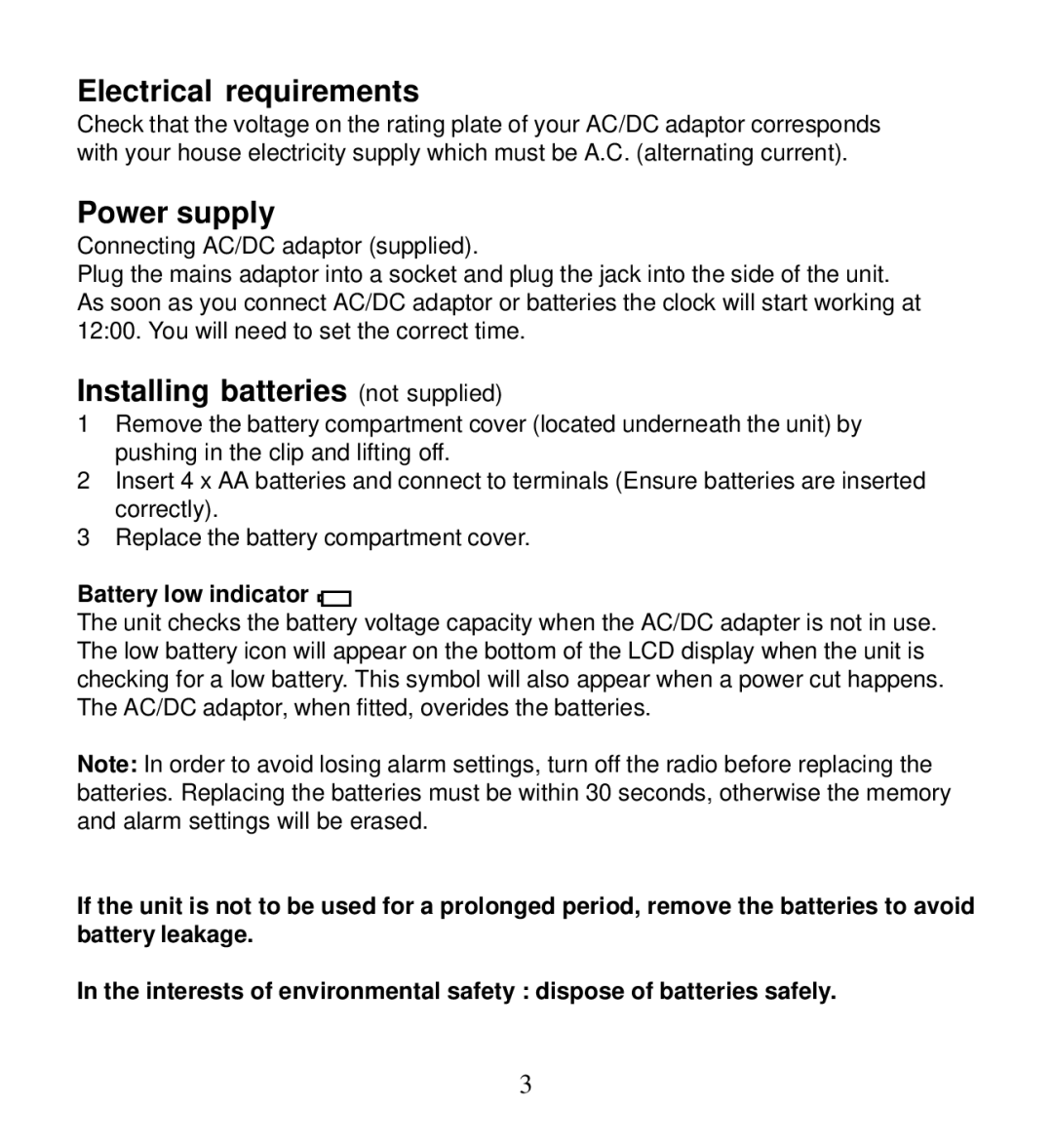 Morphy Richards 28025 Electrical requirements, Power supply, Installing batteries not supplied, Battery low indicator 