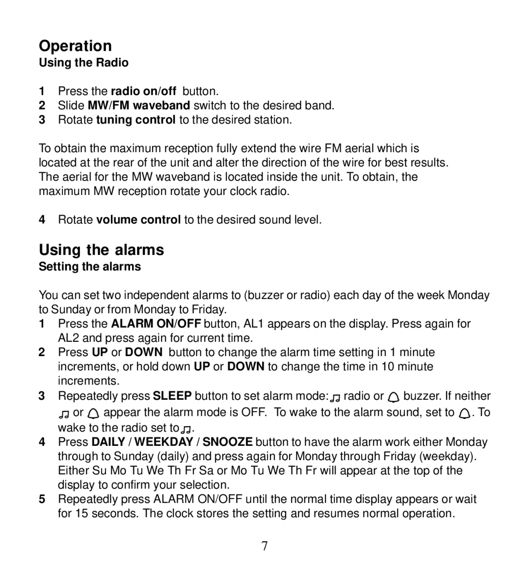 Morphy Richards 28025 operating instructions Operation, Using the alarms, Using the Radio, Setting the alarms 