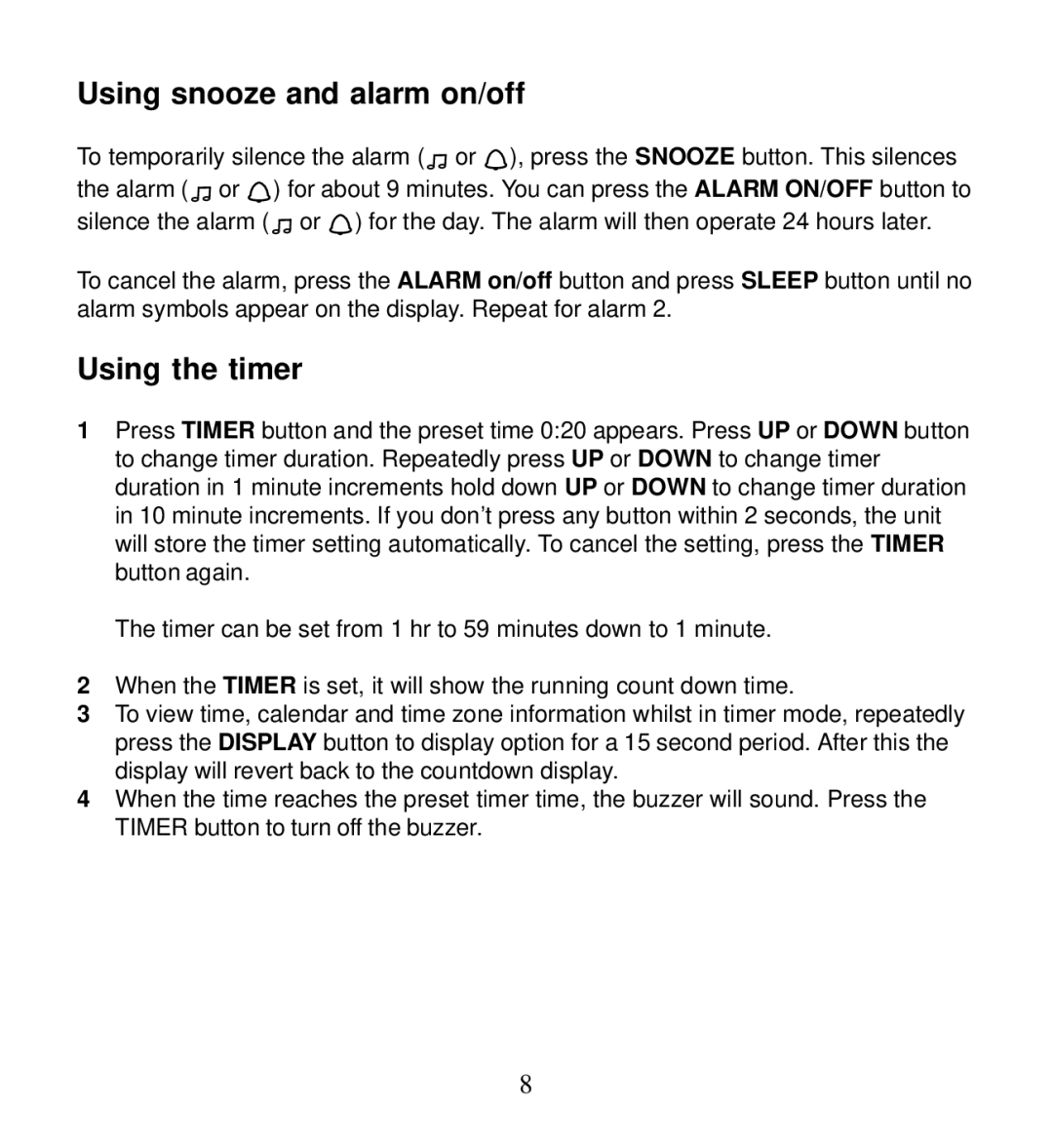 Morphy Richards 28025 operating instructions Using snooze and alarm on/off, Using the timer 