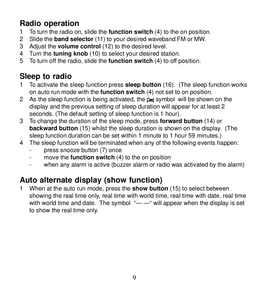 Morphy Richards 28026 operating instructions Radio operation, Sleep to radio, Auto alternate display show function 