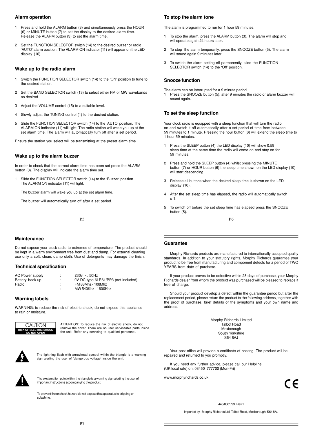 Morphy Richards 28027 Alarm operation, Wake up to the radio alarm, Wake up to the alarm buzzer, To stop the alarm tone 