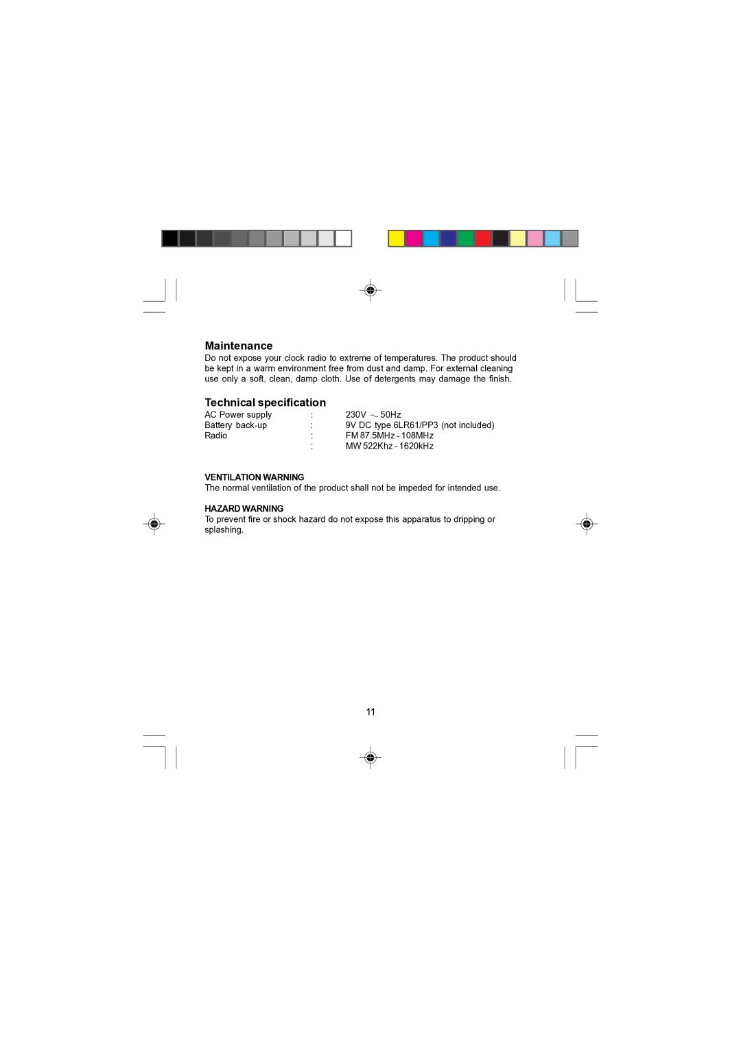 Morphy Richards 28034 operating instructions Maintenance, Technical specification 