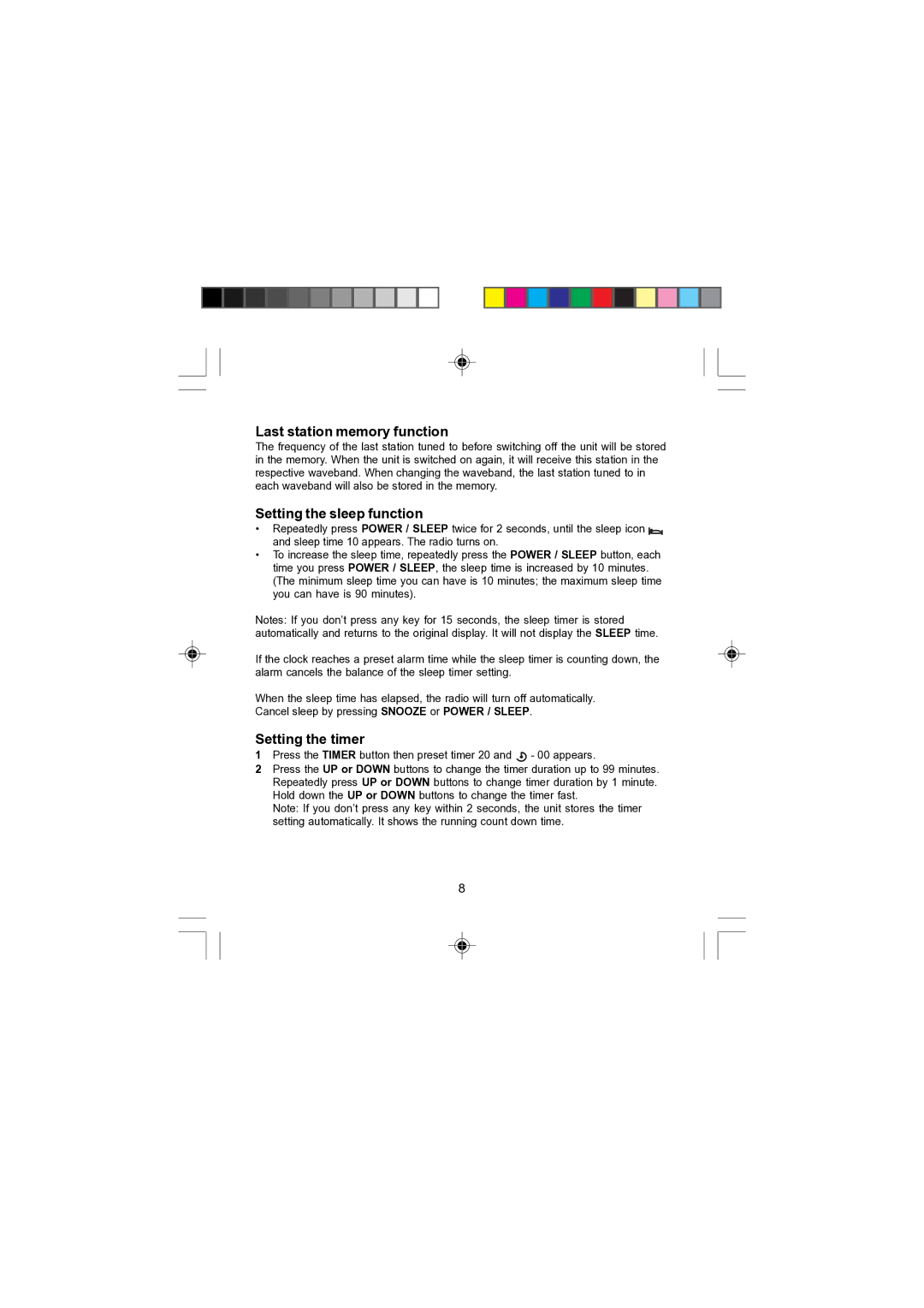 Morphy Richards 28034 operating instructions Last station memory function, Setting the sleep function, Setting the timer 