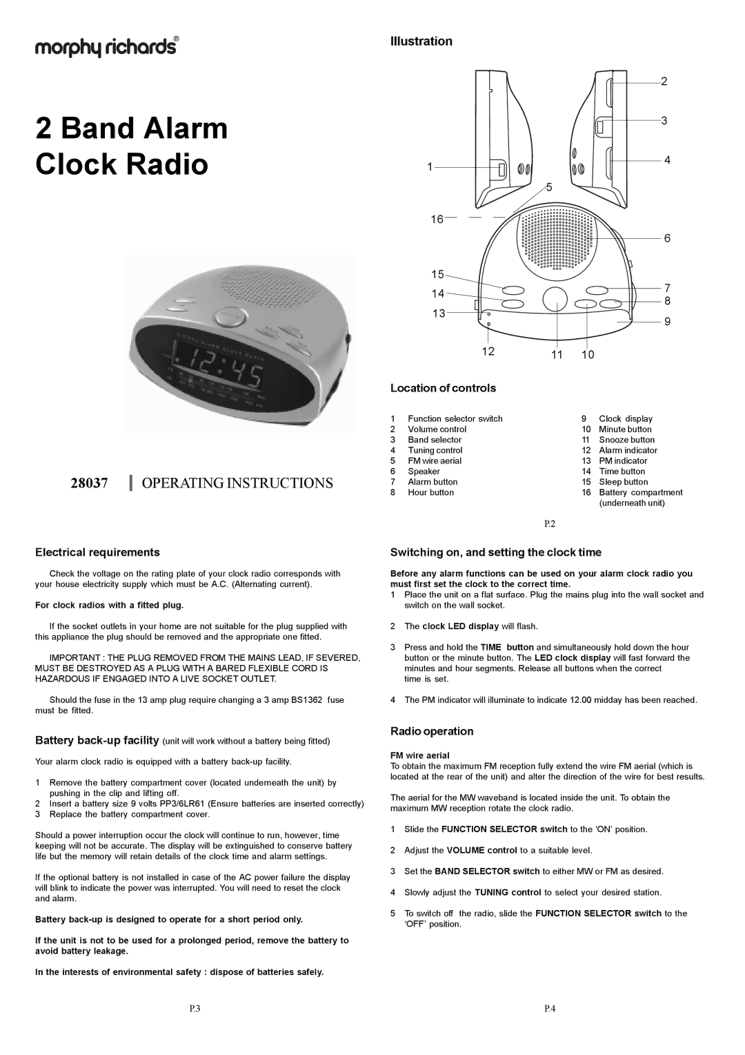 Morphy Richards 28037 operating instructions Electrical requirements, Location of controls, Radio operation 