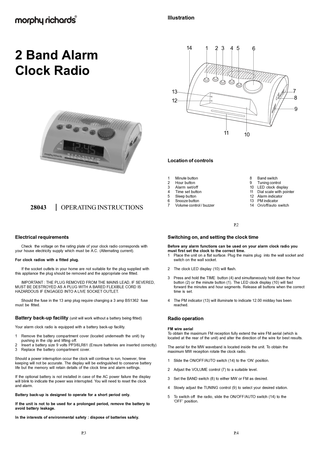 Morphy Richards 28043 operating instructions Electrical requirements, Location of controls, Radio operation 