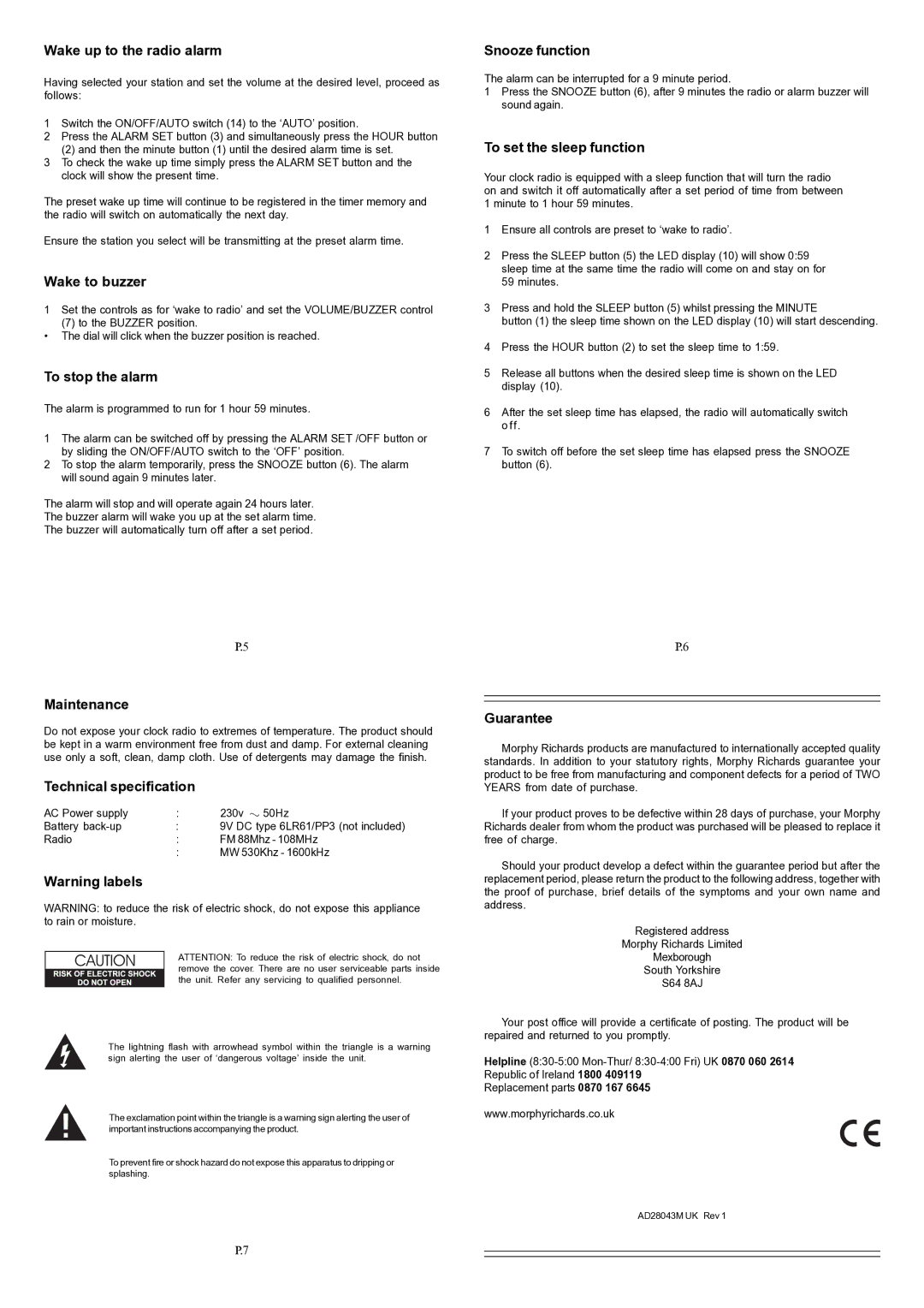 Morphy Richards 28043 Wake up to the radio alarm, Wake to buzzer, To stop the alarm, Snooze function, Maintenance 