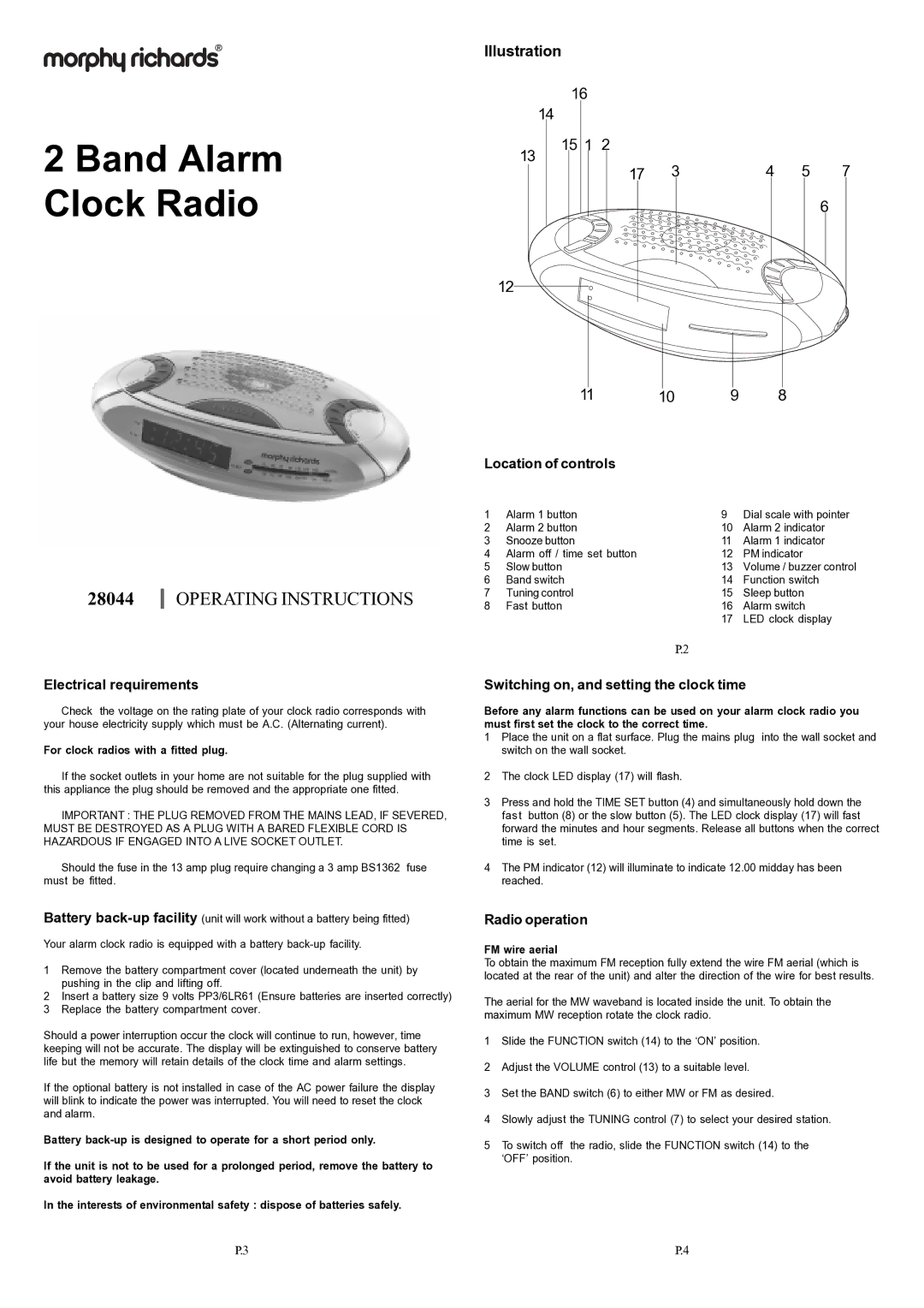 Morphy Richards 28044 operating instructions Electrical requirements, Illustration Location of controls, Radio operation 