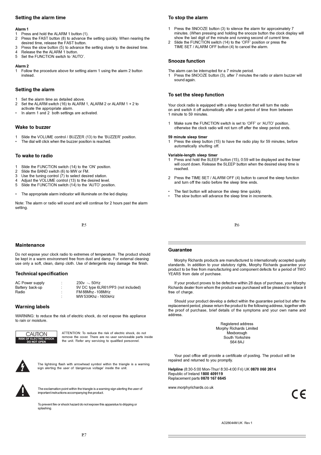 Morphy Richards 28044 Setting the alarm time, Wake to buzzer, To wake to radio, To stop the alarm, Snooze function 