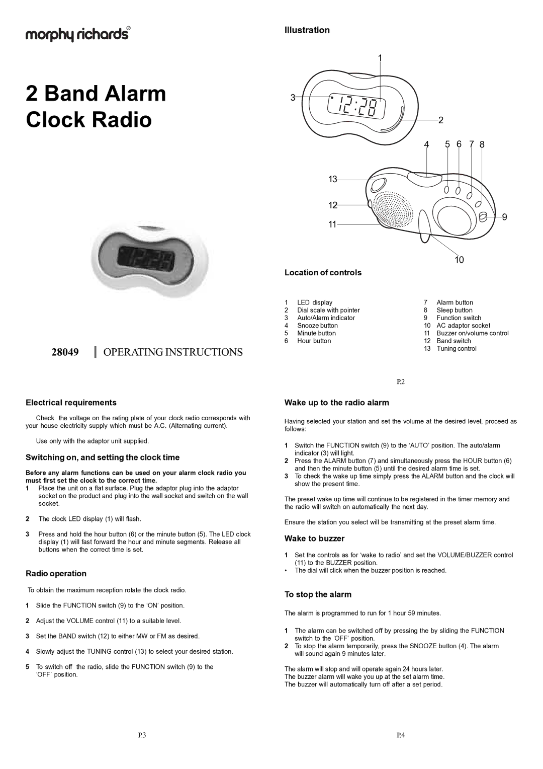 Morphy Richards 28049 operating instructions Electrical requirements, Switching on, and setting the clock time 